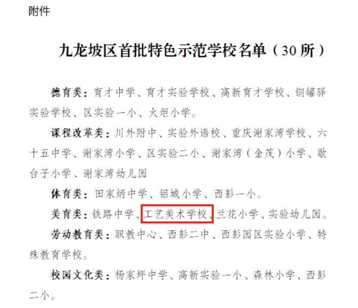 重慶市工藝美術學校被評為九龍坡區首批特色示范學校